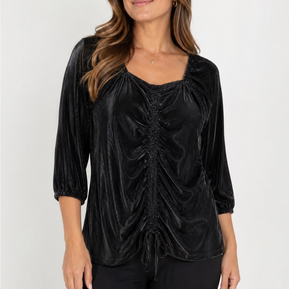 Cato Black Ruched Velvet Scoop Neck Top - XL